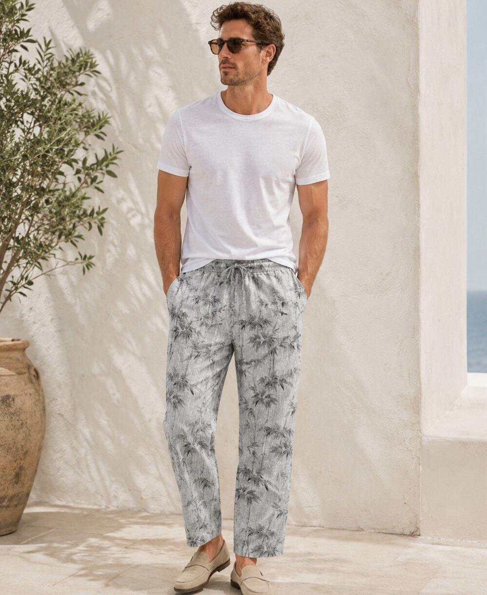 Resort Tasso Elba Men's Relaxed Fit Linen Pants Size M Gray Bamboo Print